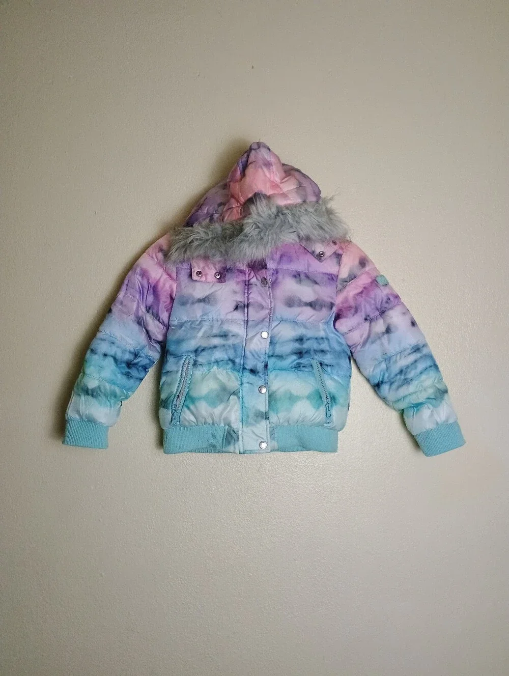 Justice XS | 5/6 Girl's Tie Dye Pastel  Matte Puffer Bomber Faux-Fur Hood Trim